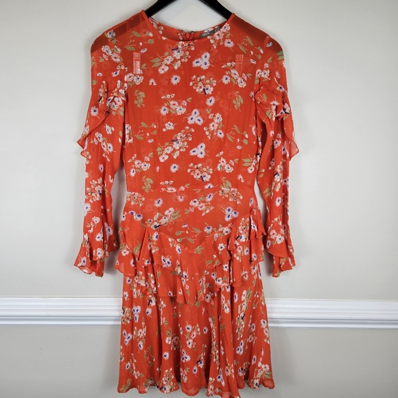 ASOS Crepe Sheer Peplum Ruffle Shoulder Dress Fully Lined Size 0 Red Floral 1518 - Picture 5 of 15